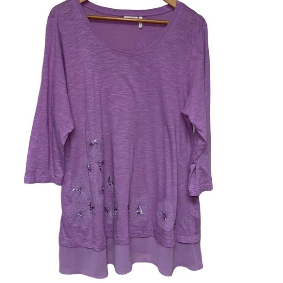 LOGO Tops - LOGO Lori Goldstein Purple Tunic Floral Sheer Hem Size Large Shirt
